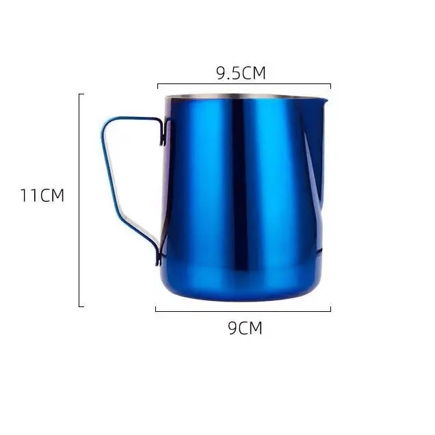 Blue milk pitcher with dimensions on a white background