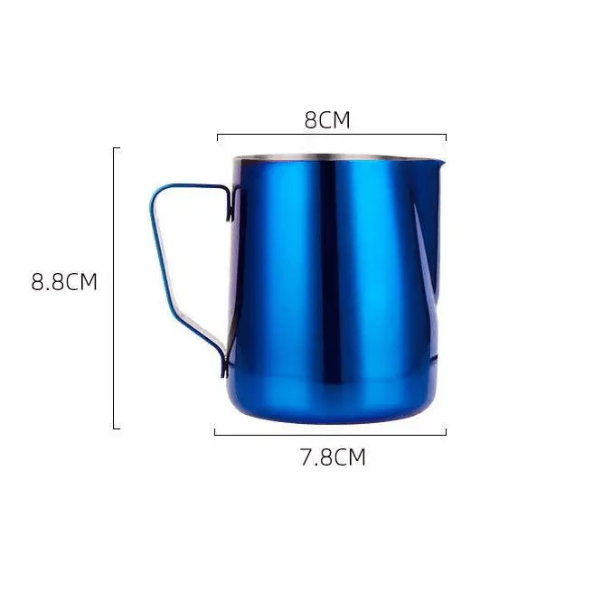 Blue milk pitcher with dimensions labeled on a white background