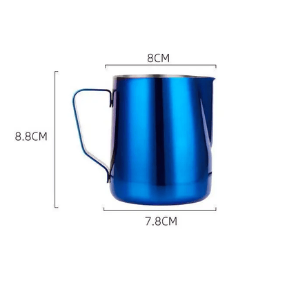 Blue milk pitcher with dimensions labeled on a white background