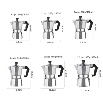 Set of six different sizes of espresso pots with measurements on a white background
