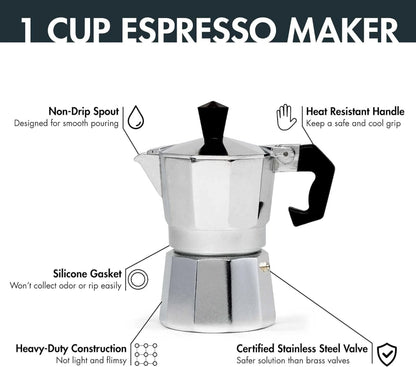 Stainless steel espresso maker with features highlighted on a white background