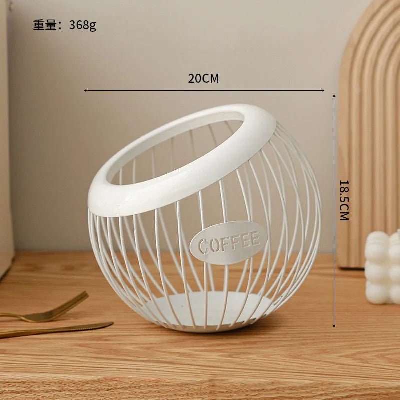 White wire basket with 'COFFEE' label on a wooden surface, showing measurements.