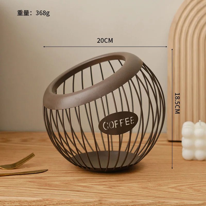 Wire coffee basket with 'COFFEE' label on a wooden surface, showing dimensions.