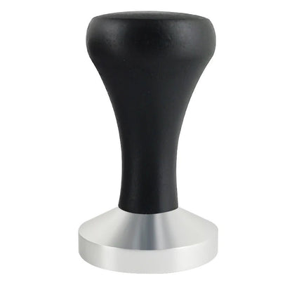 Black rubber and silver metal coffee tamp on a white background