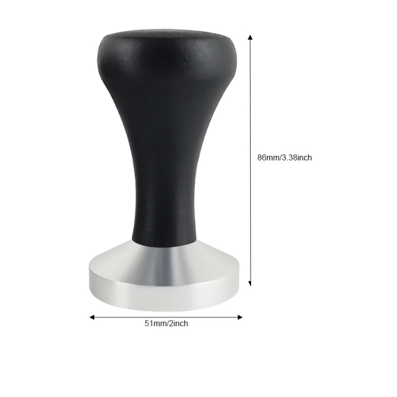 Black rubber coffee tamper with dimensions on a white background