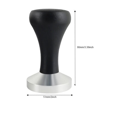 Black rubber coffee tamper with dimensions on a white background