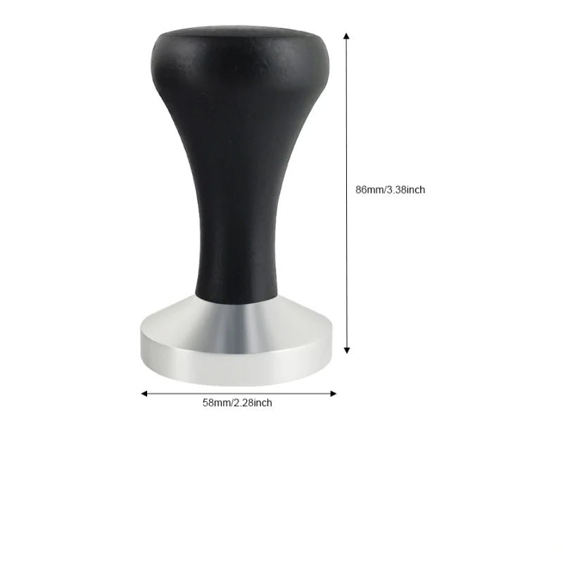 Black and silver coffee tamp with dimensions on a white background