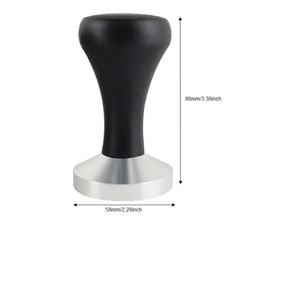 Black and silver coffee tamp with dimensions on a white background