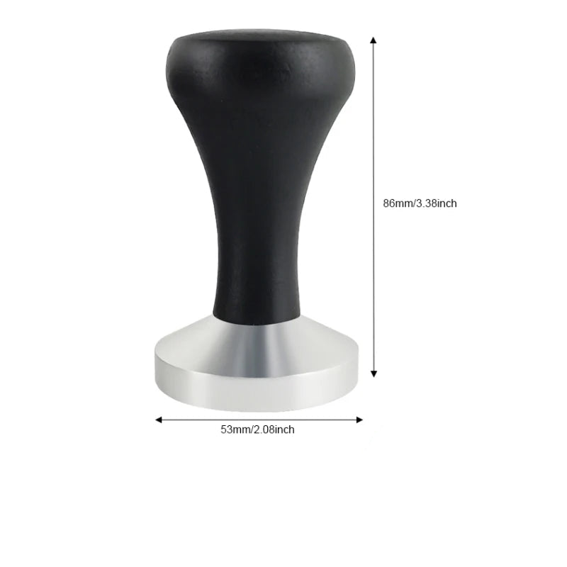 Black and silver coffee tamp with dimensions on a white background