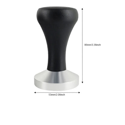 Black and silver coffee tamp with dimensions on a white background