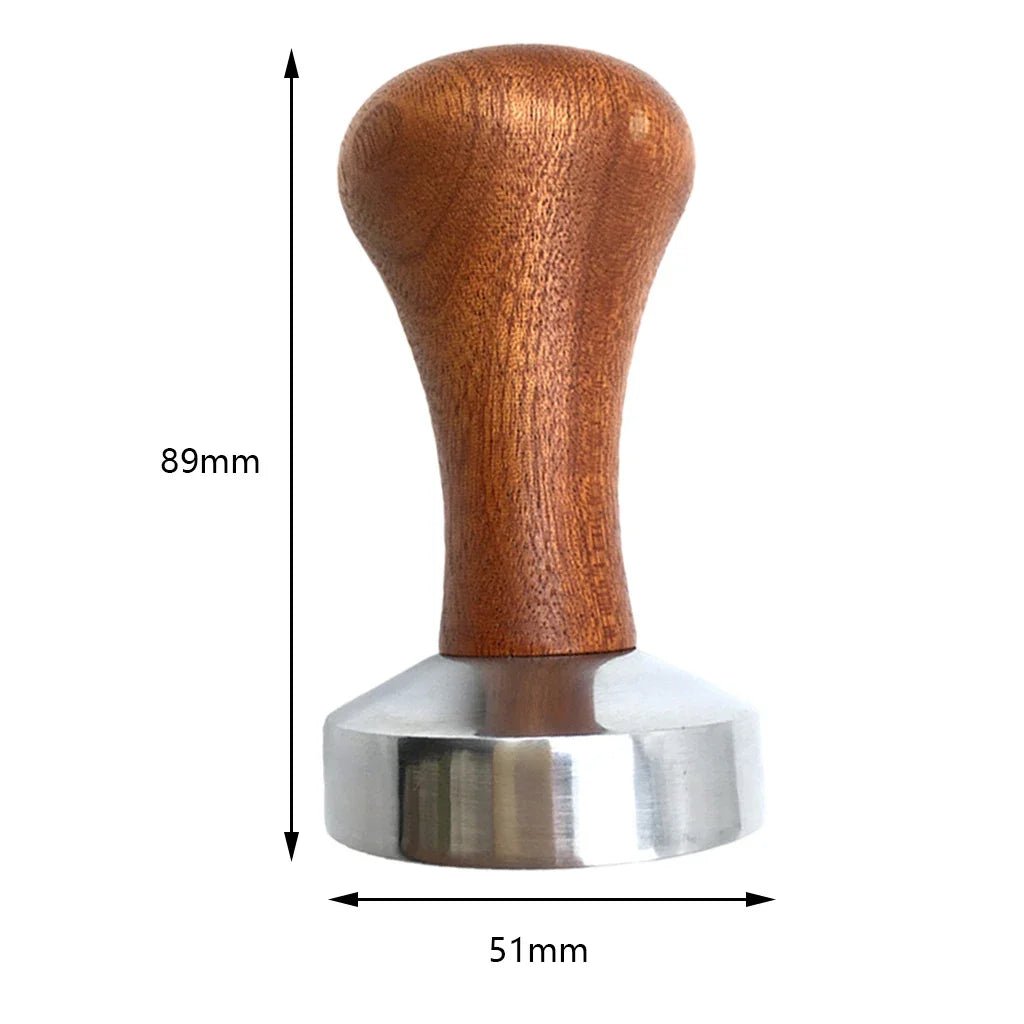 Wooden handle coffee tamp with dimensions labeled on a white background