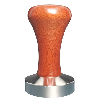 Wooden coffee tamp with metal base on a white background