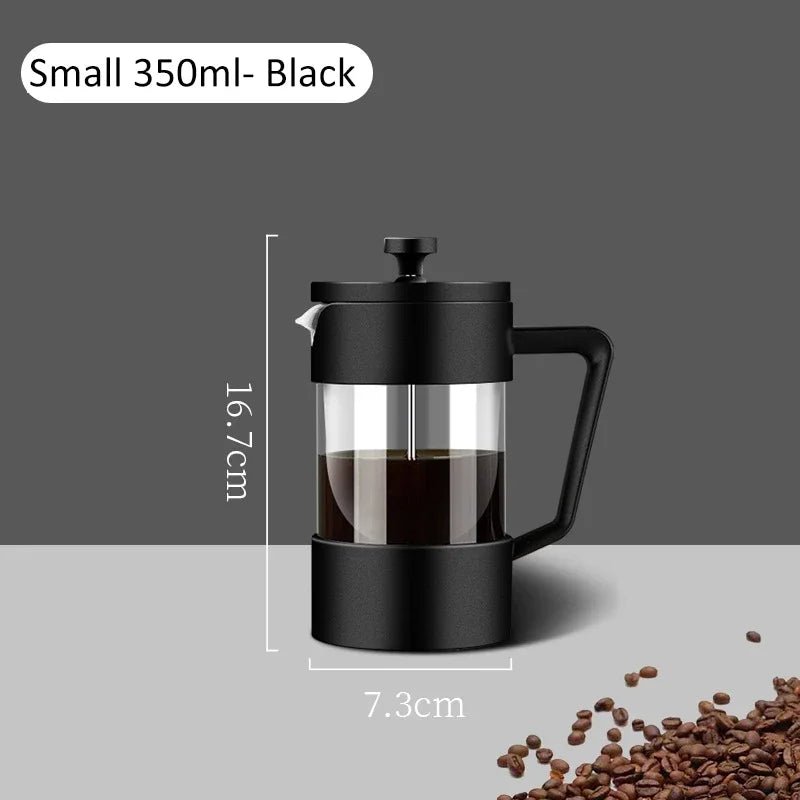 Black French press coffee maker with dimensions and coffee beans on a gray background