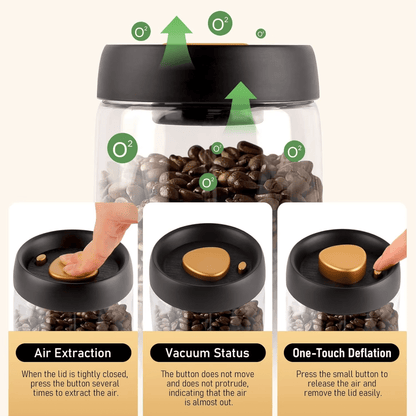 Coffee bean storage jar with air extraction and vacuum status features on a white background