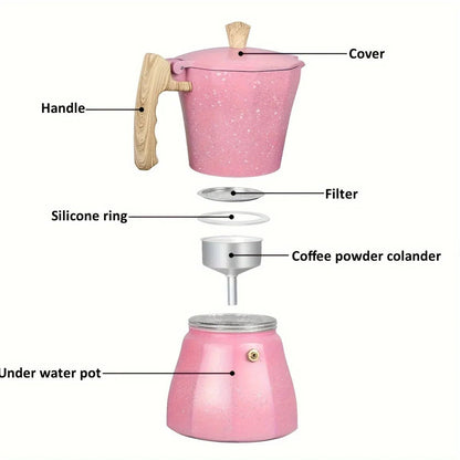 Diagram of a pink coffee maker with labeled parts on a white background
