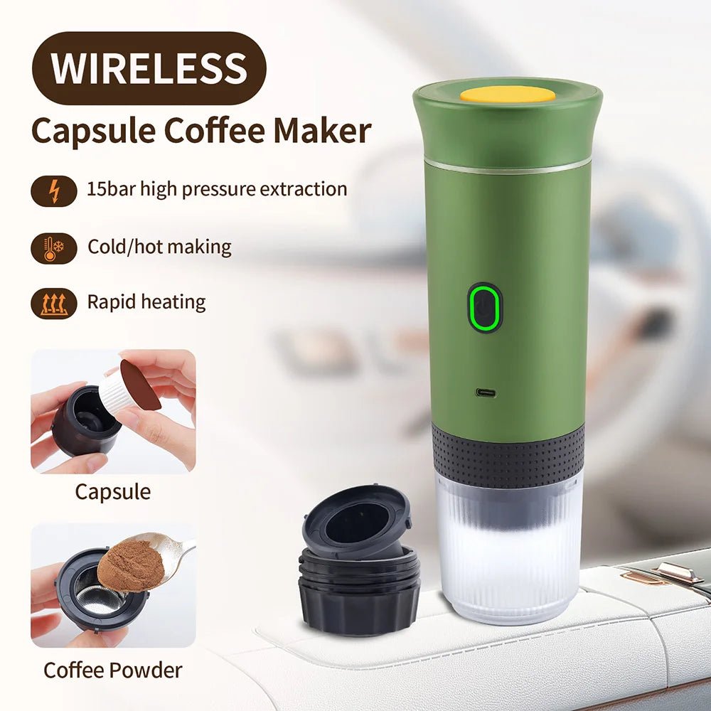 Green wireless capsule coffee maker with features listed on a blurred background
