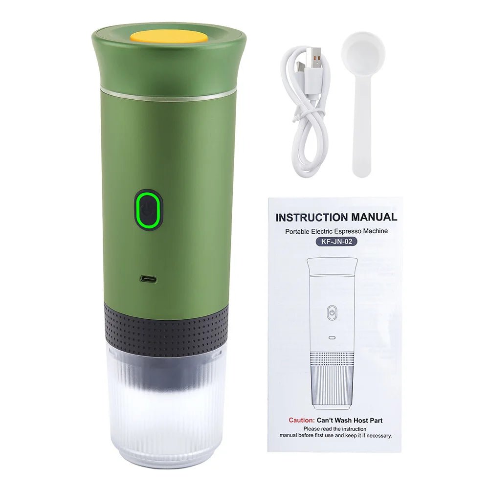 Green portable electric espresso machine with USB cable and instruction manual on a white background