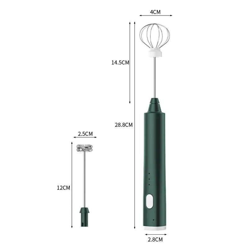 Measurement chart of a green handheld milk frother with dimensions labeled.