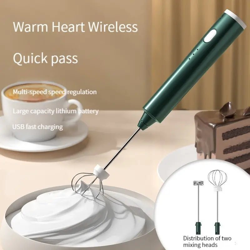 Green handheld milk frother with text on a beige background