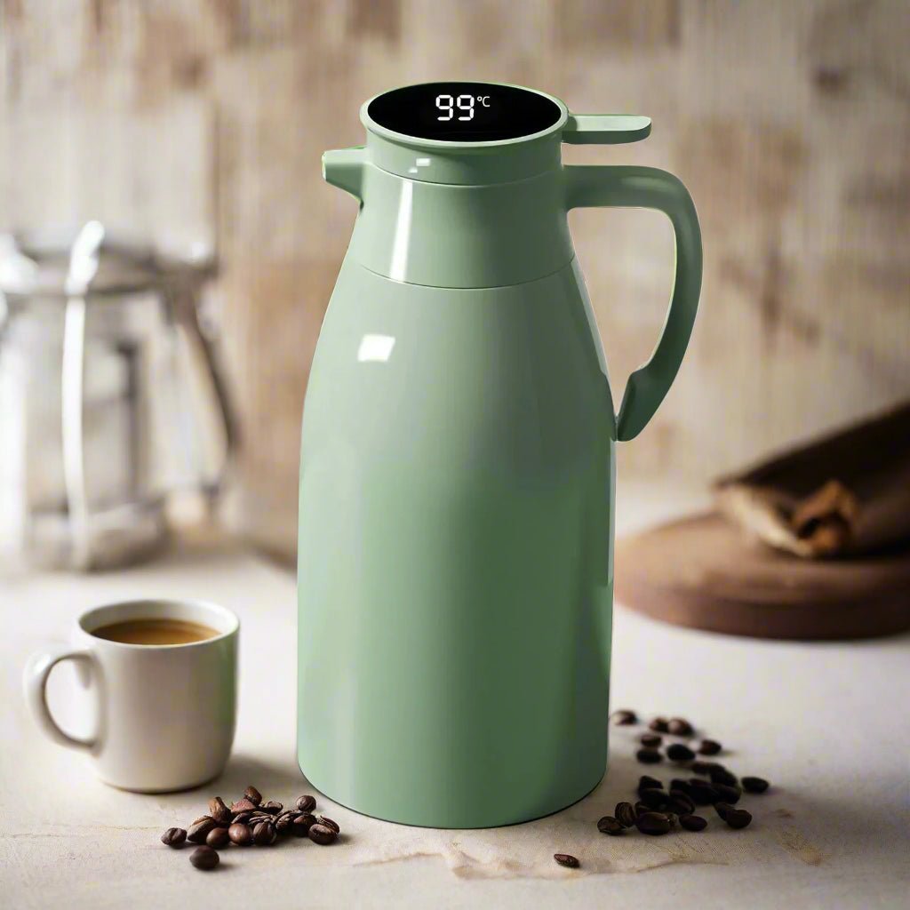 Green thermal coffee carafe with digital temperature display on a kitchen counter with coffee beans and a cup.