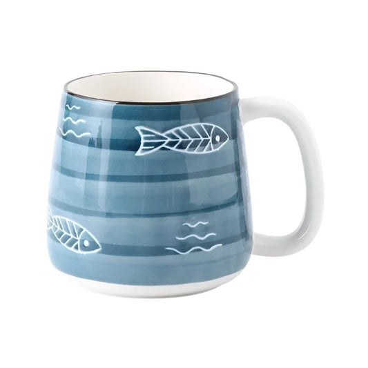 Hand - Painted Ceramic Mug in Blue with Fish Motif (500ml)Utensils for Coffee