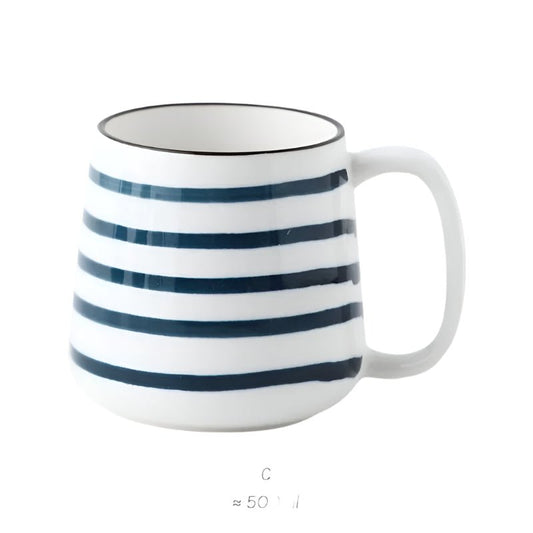 Hand - Painted Ceramic Mug in Striped Withe and Blue (500ml)Utensils for Coffee