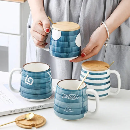 Hand - Painted Ceramic Mug in White with Blue Stripes (500ml)Utensils for Coffee