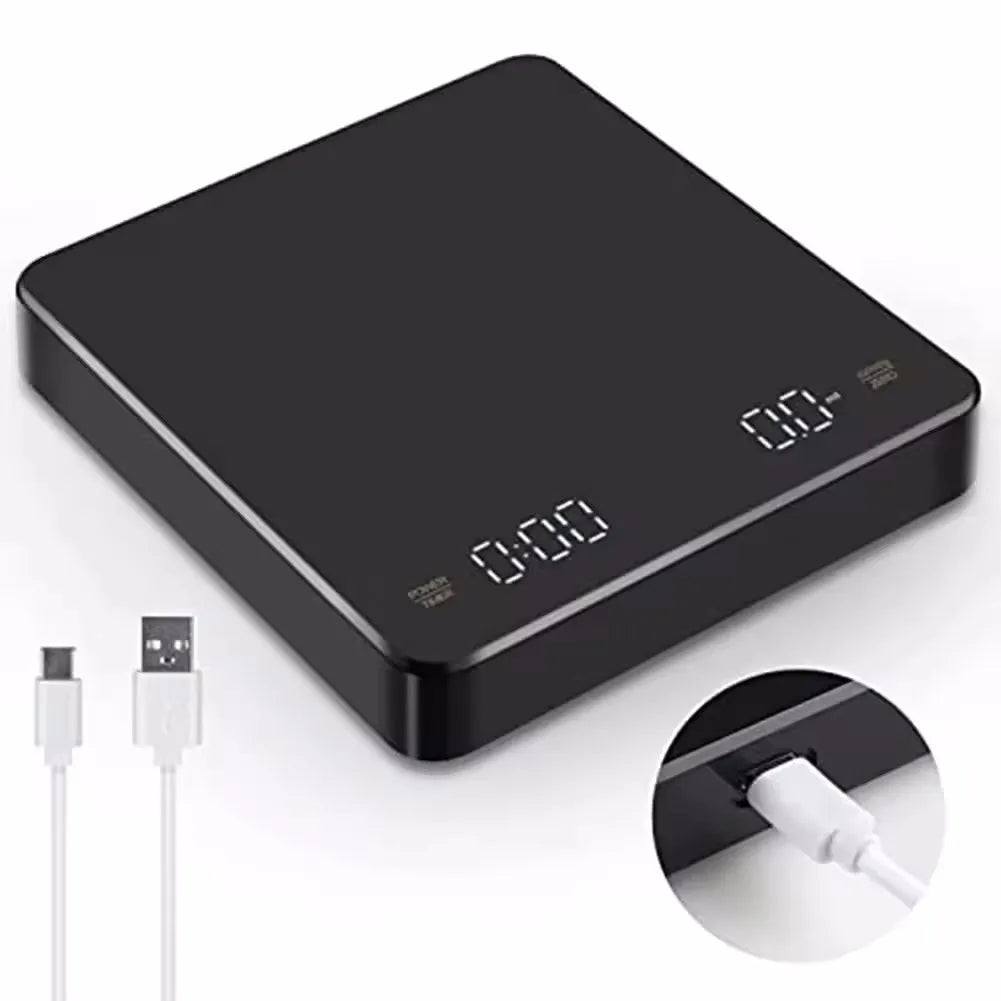 Black electronic device with digital display, USB cable, and adapter on a white background
