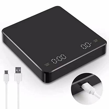 Black electronic device with digital display, USB cable, and adapter on a white background