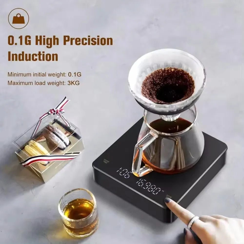 Digital kitchen scale with coffee maker on a light gray background