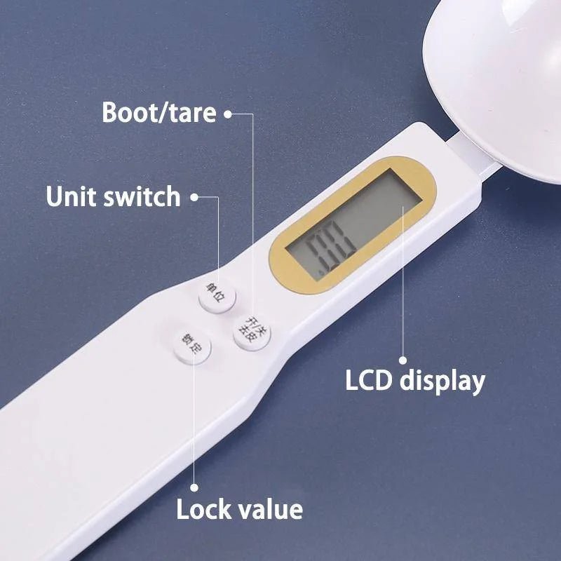 Digital kitchen scale with labeled parts on a blue background