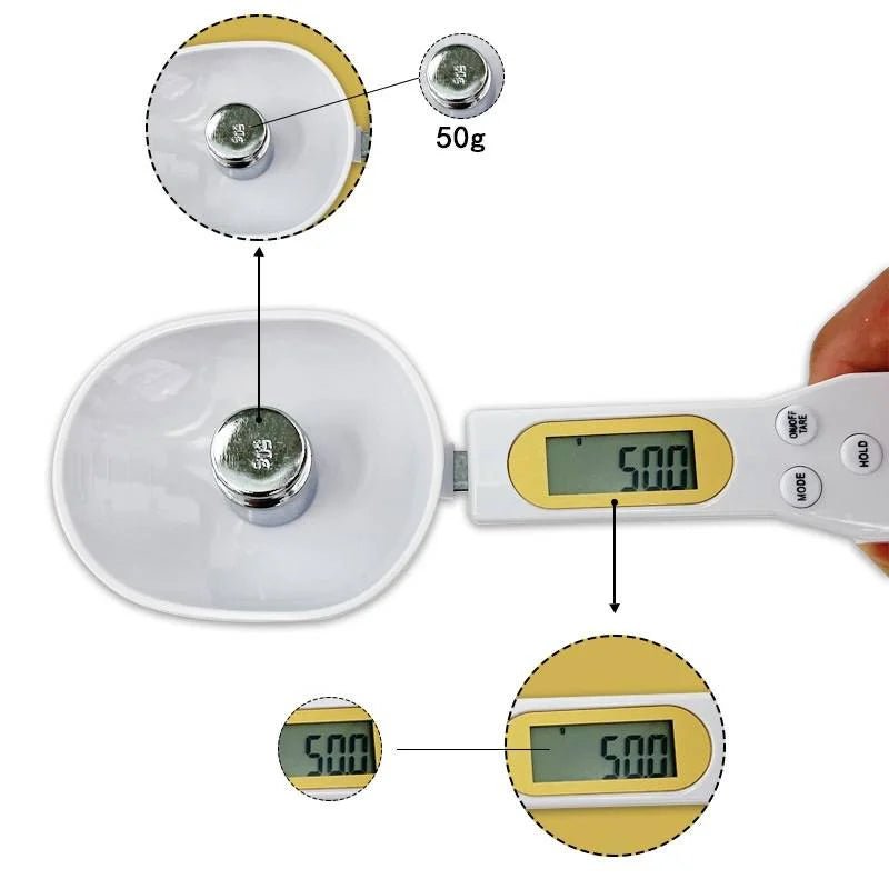 Digital kitchen scale with close-up details on weight measurement and display.