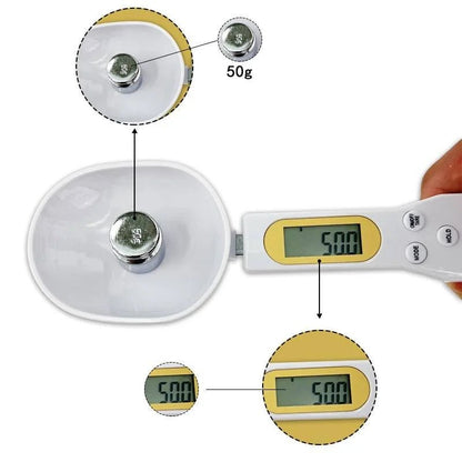 Digital kitchen scale with close-up details on weight measurement and display.
