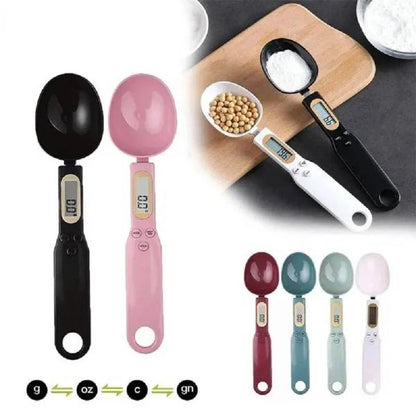 Digital measuring spoons in various colors with a digital display on a white background.