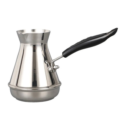 Stainless steel coffee pot with a black handle on a white background