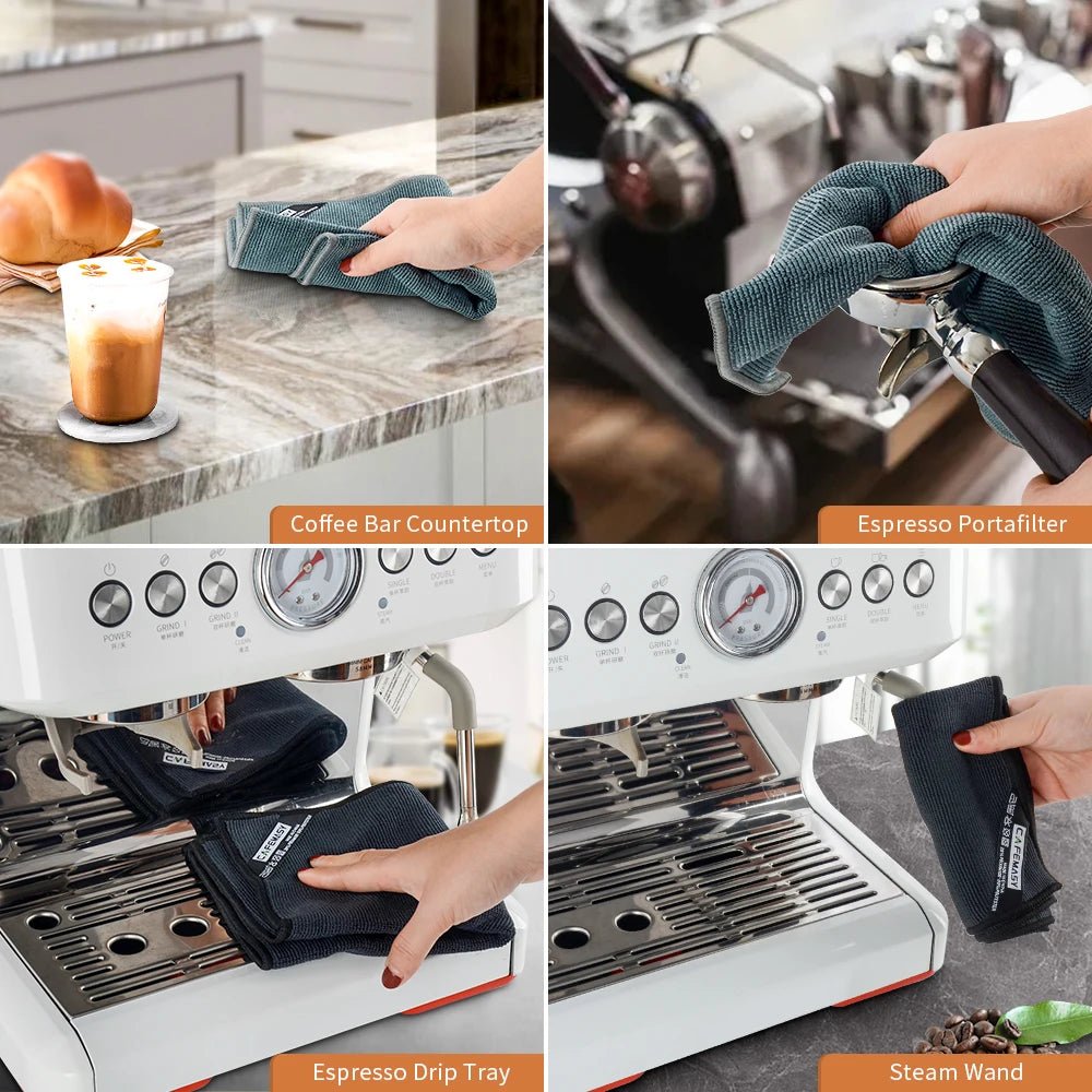 Cleaning cloths being used on a coffee bar setup including a countertop, espresso portafilter, drip tray, and steam wand.