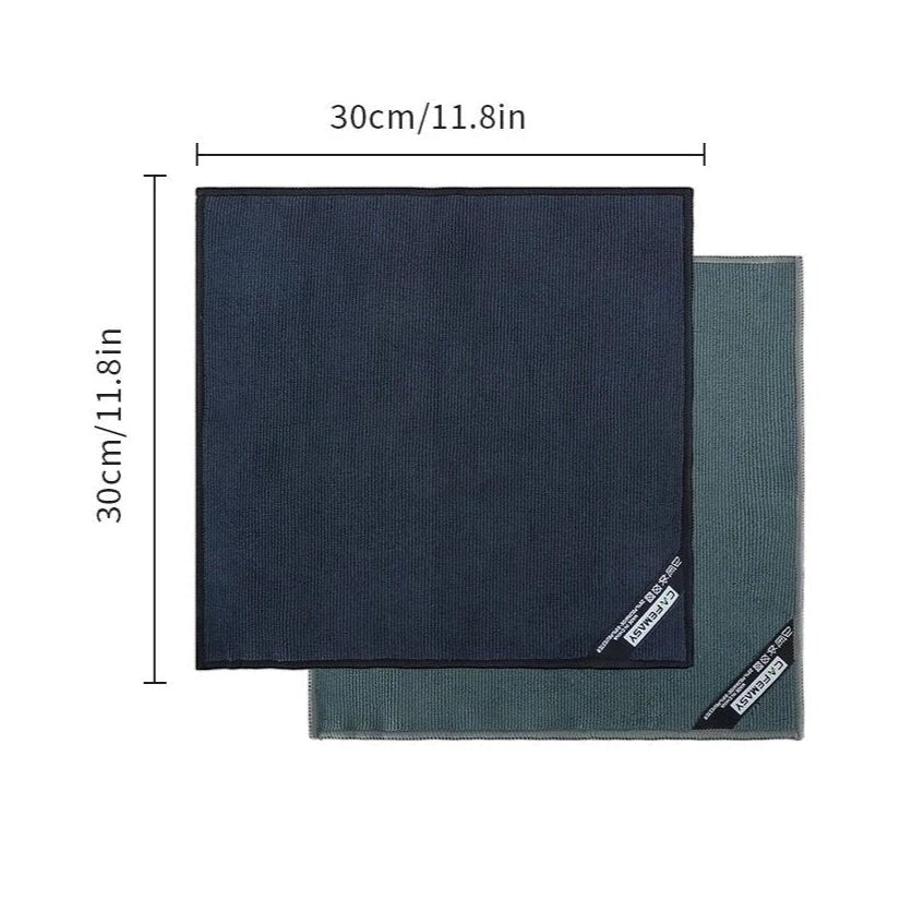 Two square towels with dimensions labeled on a white background