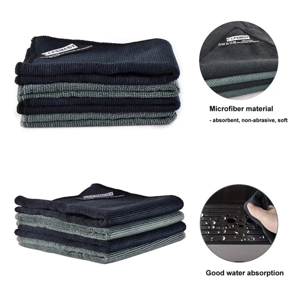 Stack of black and gray microfiber cloths with close-up details on material and water absorption.