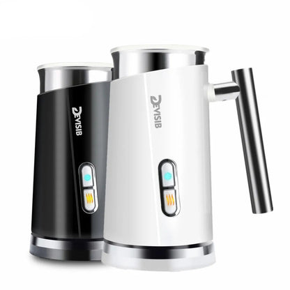 Two 3-in-1 electric milk frothers by DEVISIB, one in black and one in white, with a digital display and a frothing attachment.