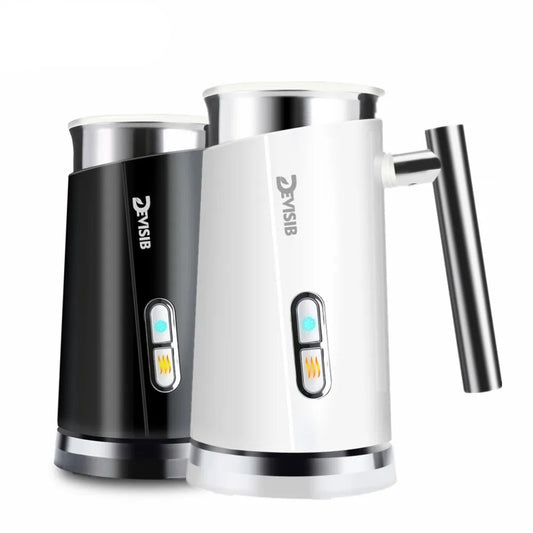 Two 3-in-1 electric milk frothers by DEVISIB, one in black and one in white, with a digital display and a frothing attachment.