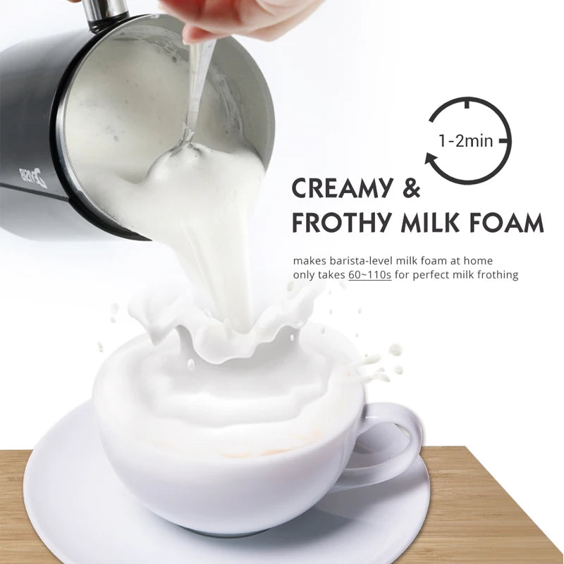Two 3-in-1 electric milk frothers by DEVISIB, one in black and one in white, with a digital display and a frothing attachment.