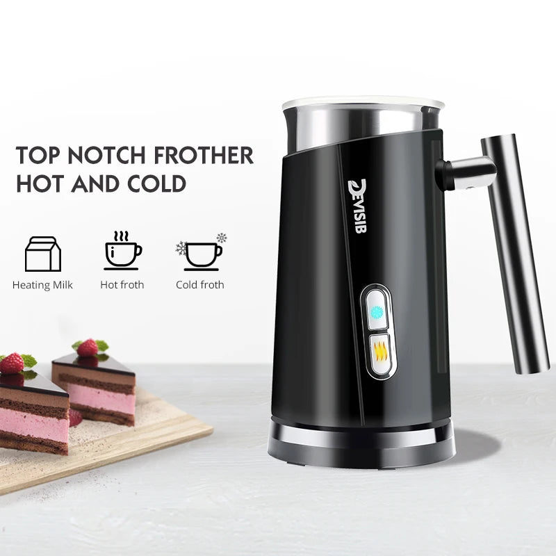 Two 3-in-1 electric milk frothers by DEVISIB, one in black and one in white, with a digital display and a frothing attachment.
