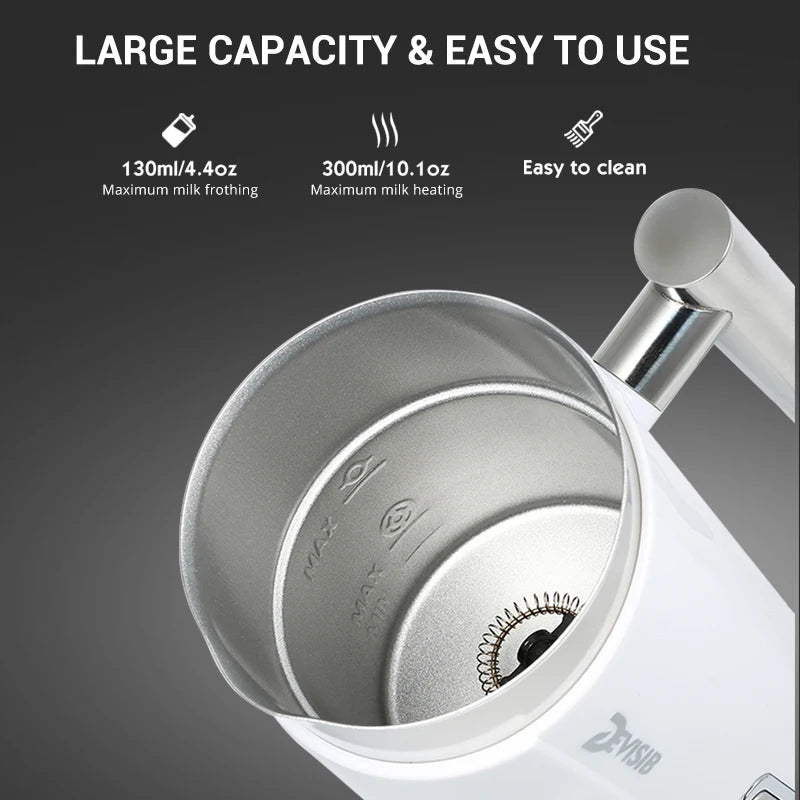 Two 3-in-1 electric milk frothers by DEVISIB, one in black and one in white, with a digital display and a frothing attachment.