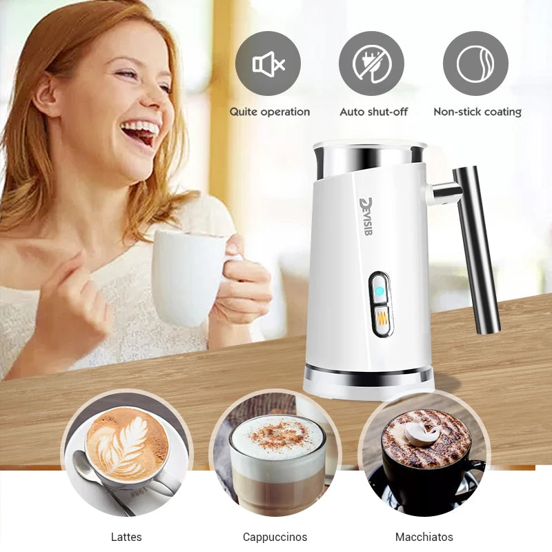 Two 3-in-1 electric milk frothers by DEVISIB, one in black and one in white, with a digital display and a frothing attachment.