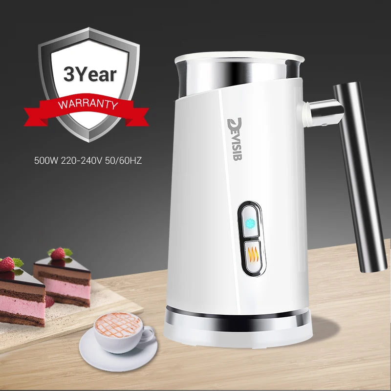 Two 3-in-1 electric milk frothers by DEVISIB, one in black and one in white, with a digital display and a frothing attachment.