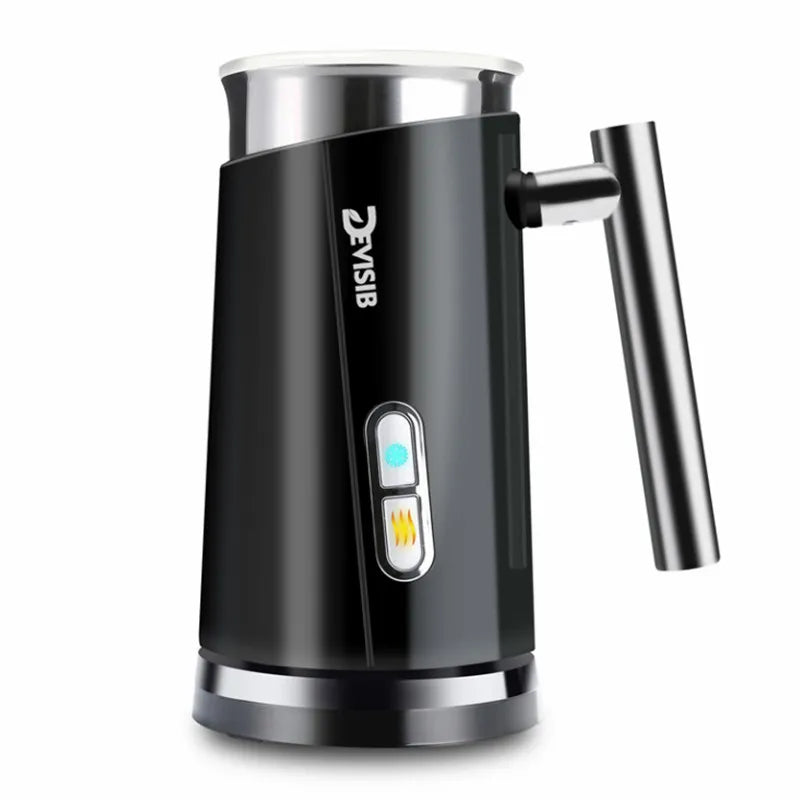 Two 3-in-1 electric milk frothers by DEVISIB, one in black and one in white, with a digital display and a frothing attachment.