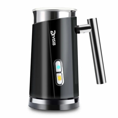 Two 3-in-1 electric milk frothers by DEVISIB, one in black and one in white, with a digital display and a frothing attachment.