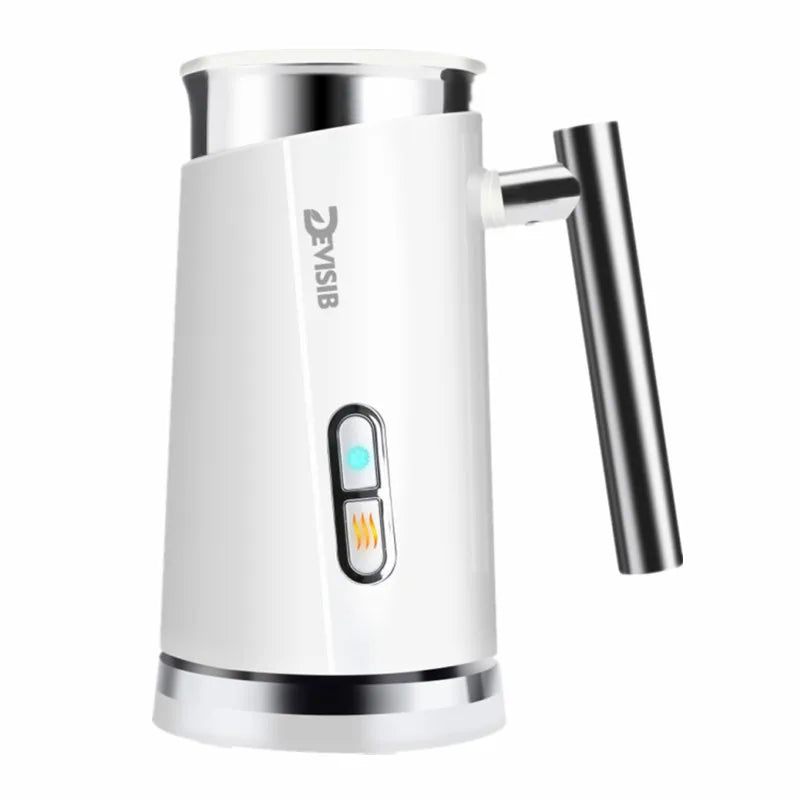 Two 3-in-1 electric milk frothers by DEVISIB, one in black and one in white, with a digital display and a frothing attachment.