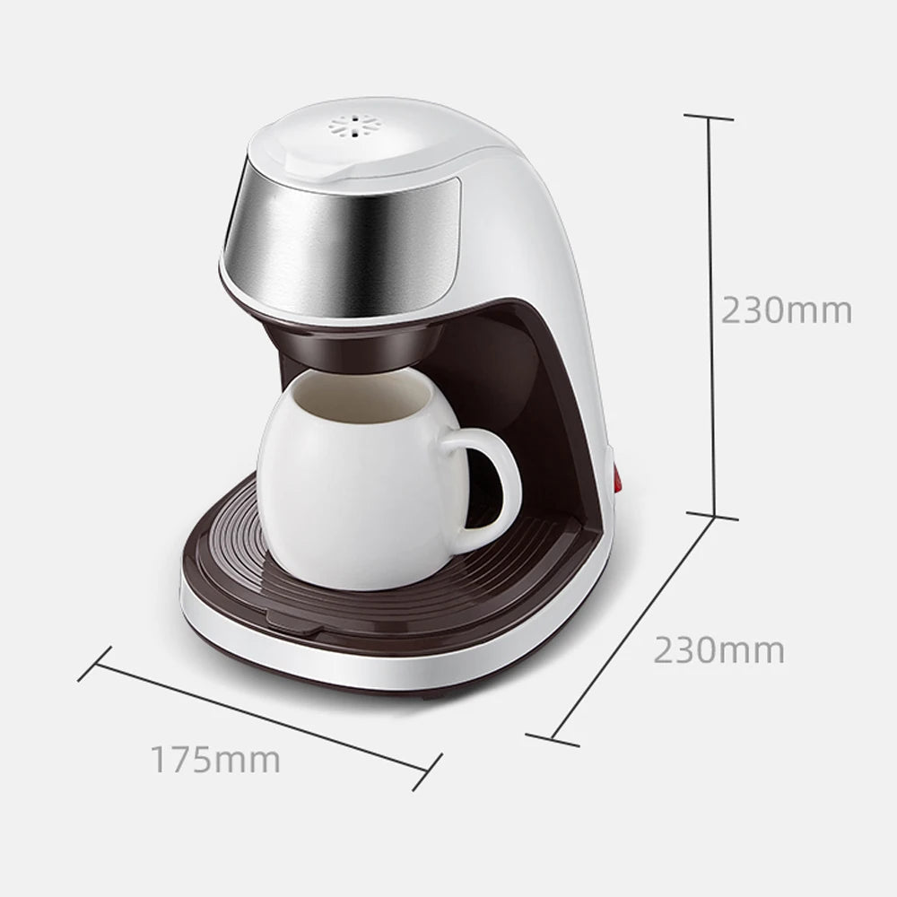 Small kitchen appliance with a white cup inside, showing dimensions on a white background