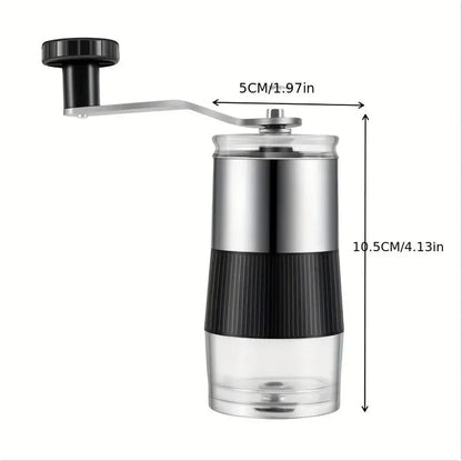Hand coffee grinder with dimensions labeled on a white background